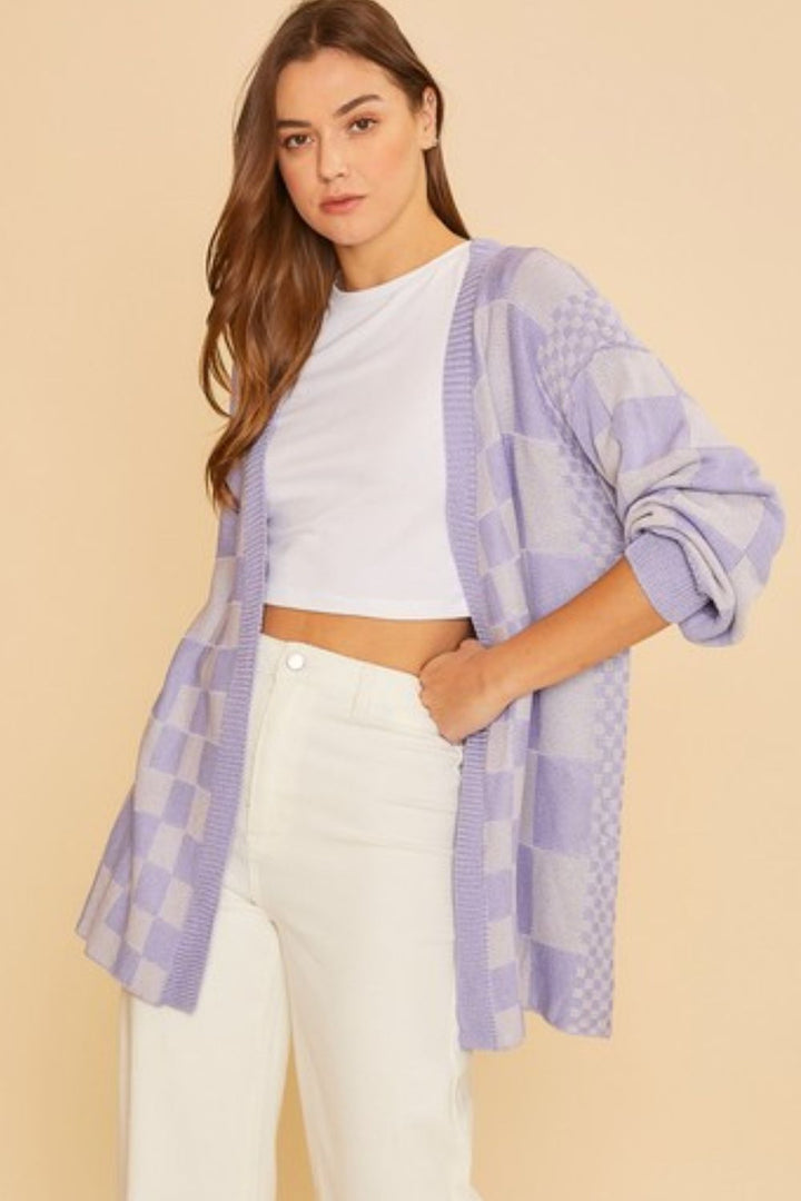 Annie Wear Checkered Open Front Drop Shoulder Cardigan Lavender Cardigans