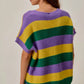 Vibrant SO ME Mardi Gras loose fit V-neck sweater with purple, yellow, green stripes