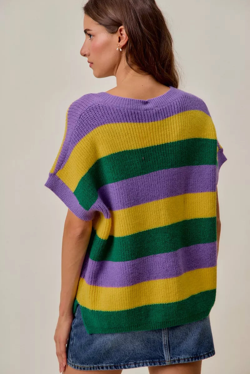 Vibrant SO ME Mardi Gras loose fit V-neck sweater with purple, yellow, green stripes
