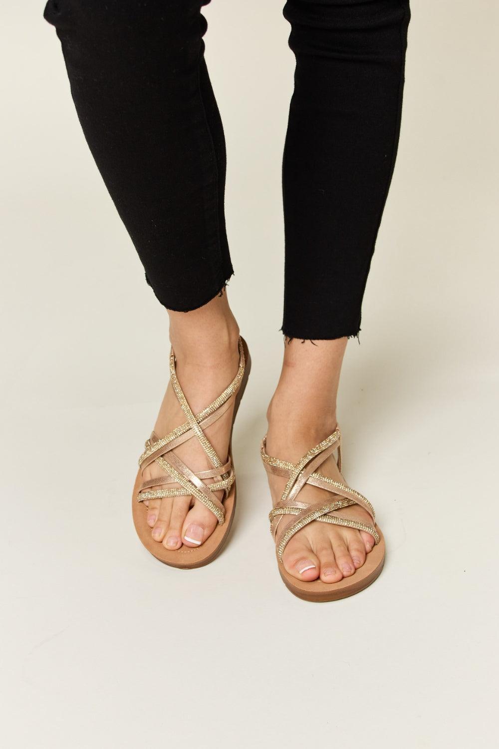 Rhinestone Crisscross Flat Sandals GOLD SANDALS
