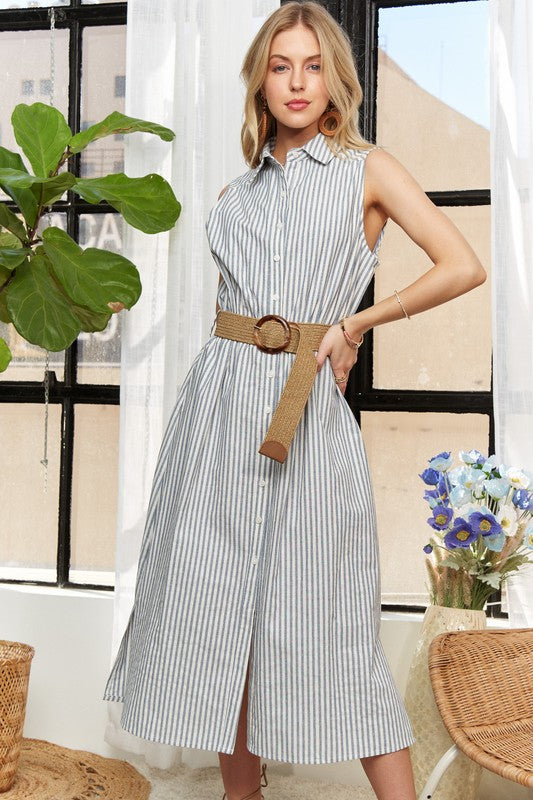 ADORA Striped Button Down Sleeveless Midi Dress Air Force Blue