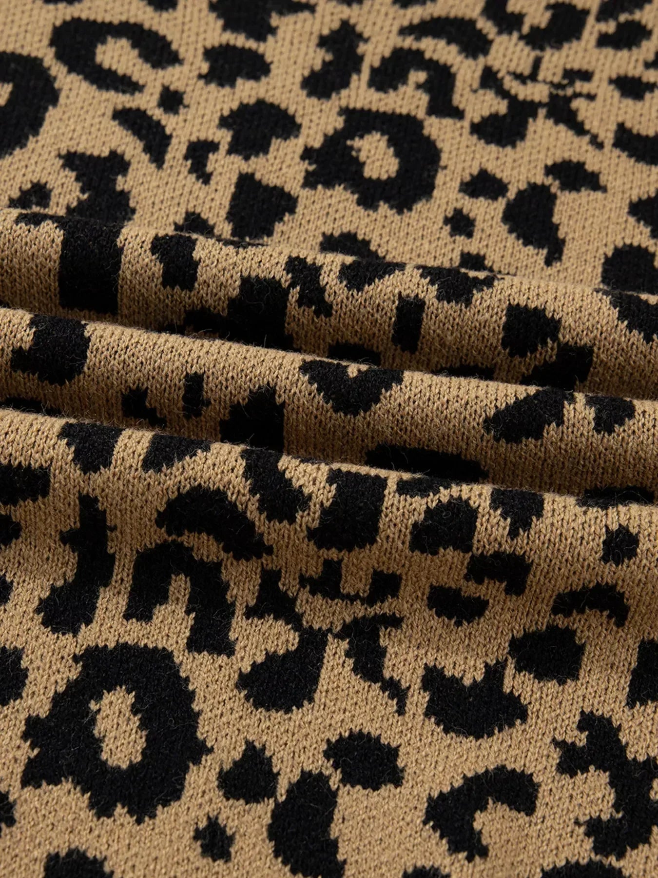 Ribbed Trim Round Neck Leopard Drop Shoulder Sweater - DAVERRI FASHIONS