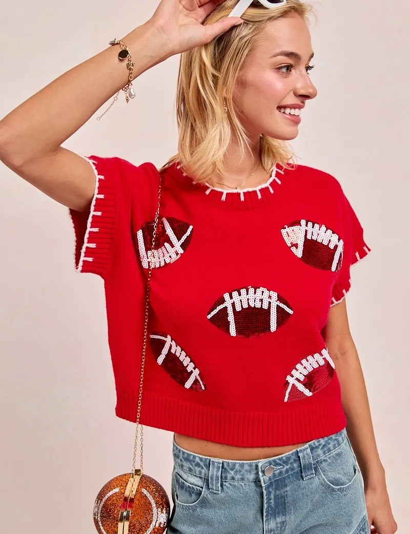 BiBi Gameday Sequin Football Embroidered Stitch Sweater | Sweaters Daverri Fashions