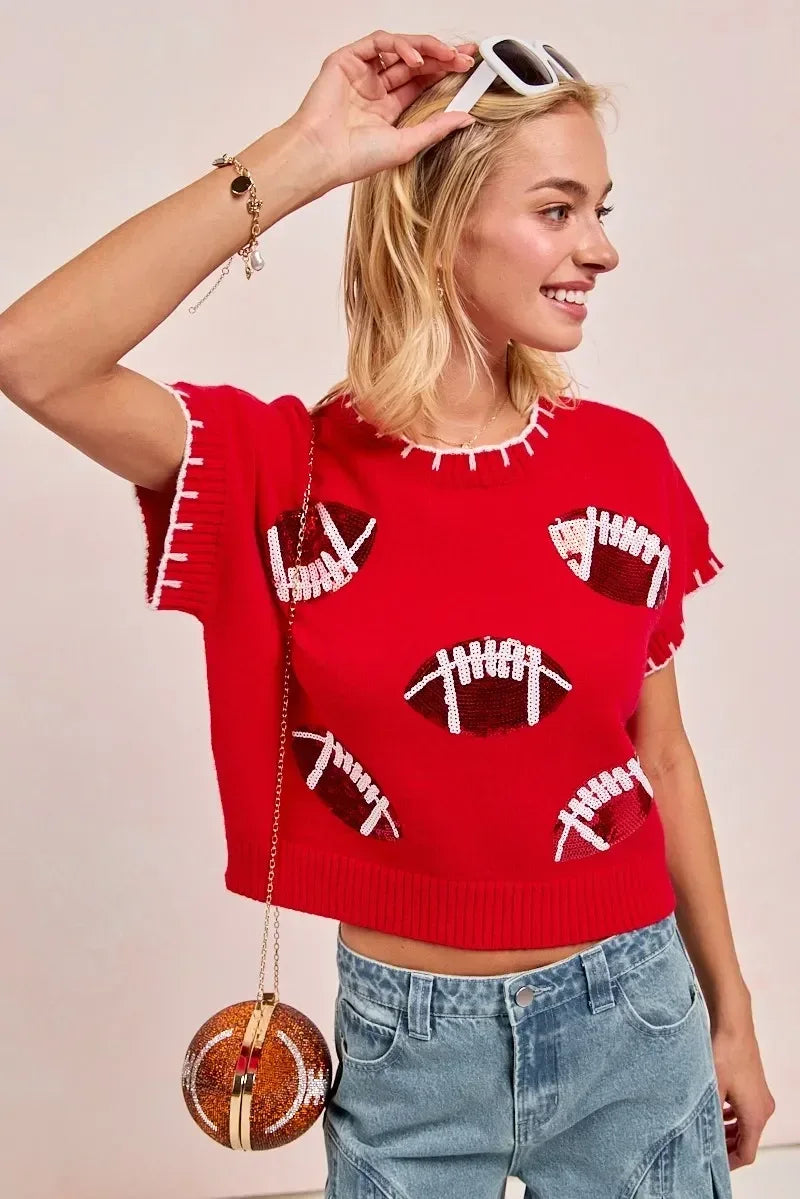 BiBi Gameday Sequin Football Embroidered Stitch Sweater - DAVERRI FASHIONS