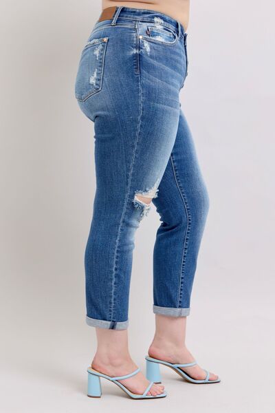 Judy Blue Full Size Button Fly Distressed Jeans with Pockets Jeans