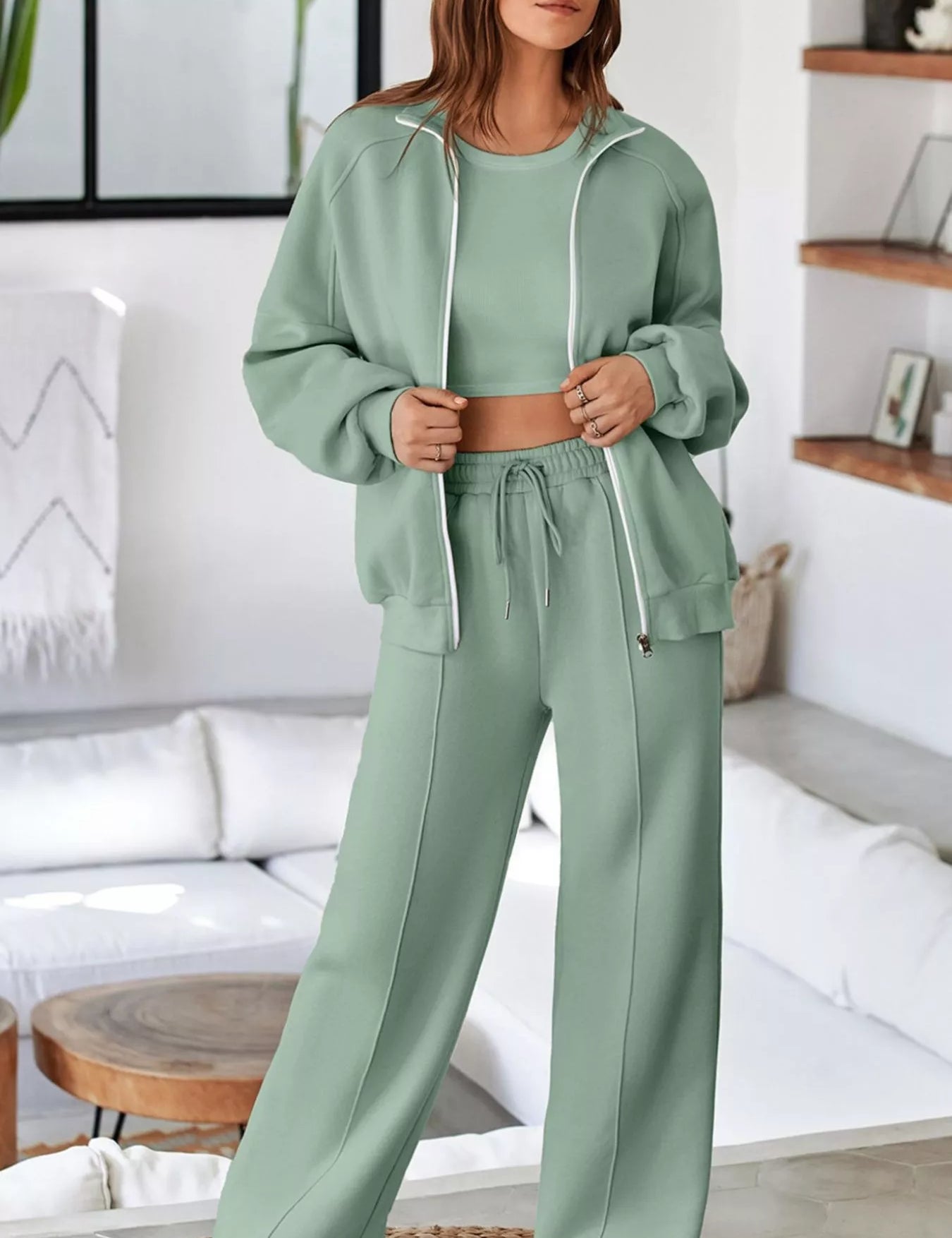 Sage Drop Shoulder Zip Up Jacket and Drawstring Pants Active 2pcs Set | Loungewear Sets Daverri Fashions
