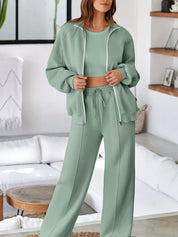 Sage Drop Shoulder Zip Up Jacket and Drawstring Pants Active 2pcs Set | Loungewear Sets Daverri Fashions