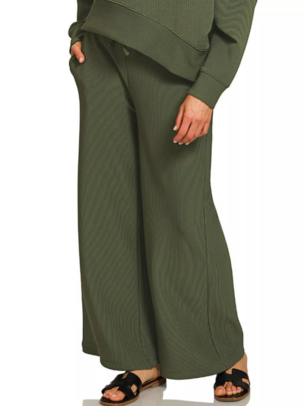 Zenana Ribbed Round Neck Pullover and Drawstring Pants Set | Loungewear Sets Daverri Fashions