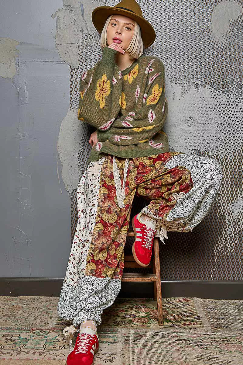 POL Floral Pattern Round Neck Balloon Sleeve Sweater | Sweaters Daverri Fashions