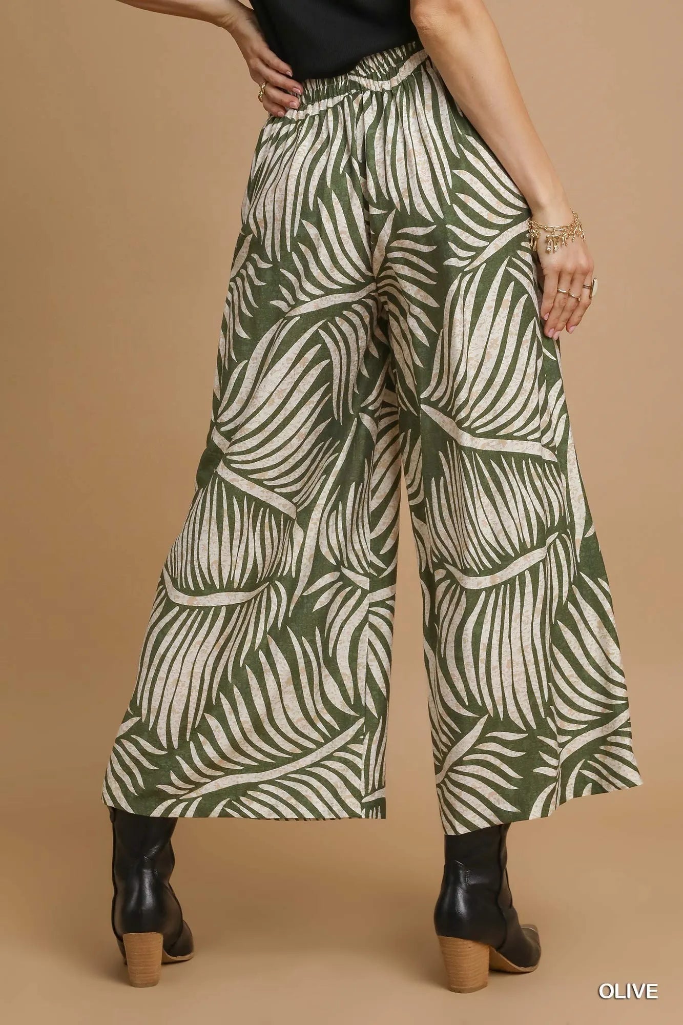 Umgee Palm Leaf Print Wide Leg Culotte Pants Pants