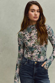 SO ME floral print mesh knit long-sleeve bodysuit with high neckline and front buttons