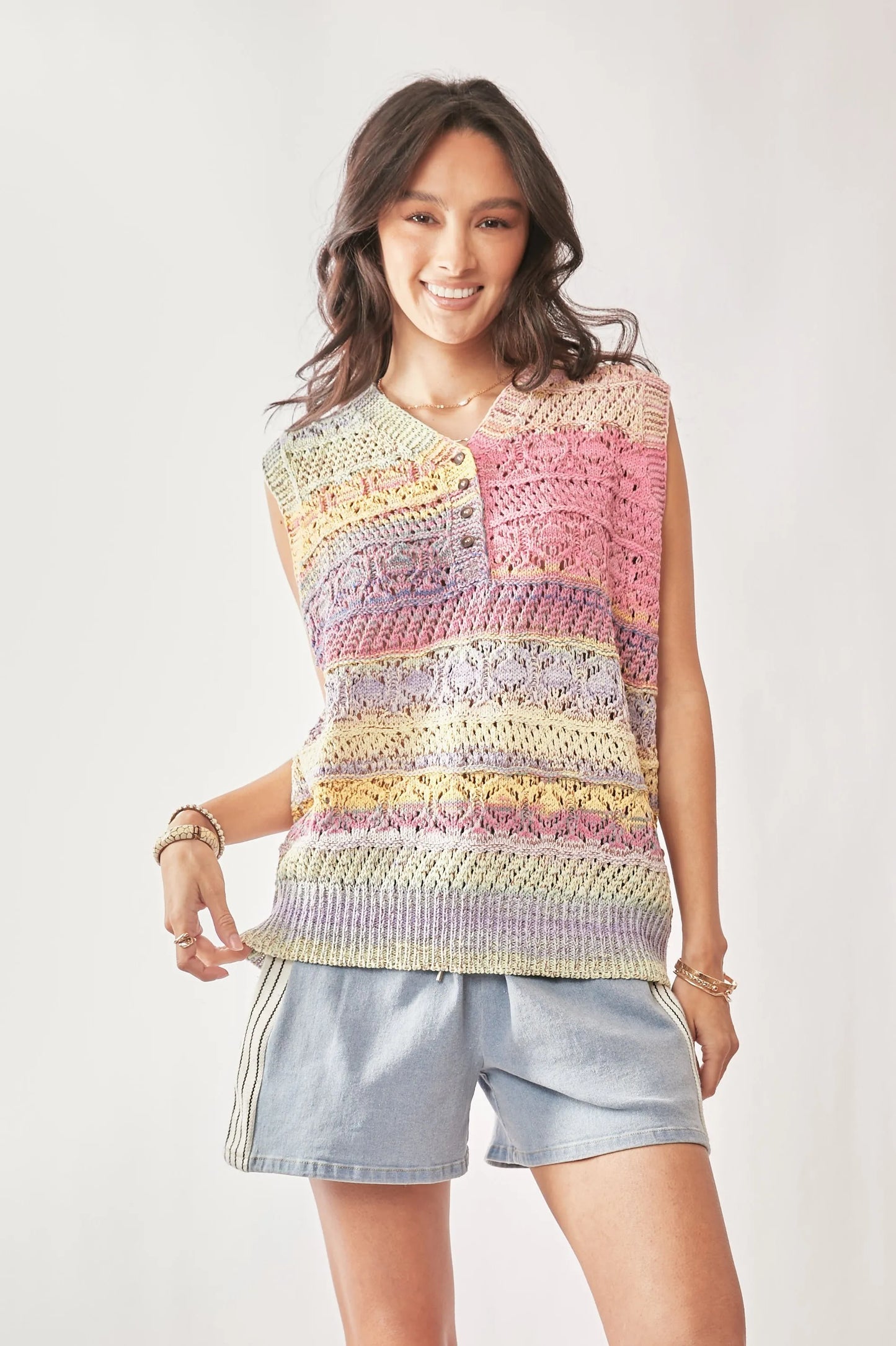 Davi & Dani pastel rainbow striped crochet sleeveless vest top