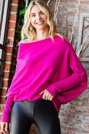 First Love Plus Size Asymmetrical Hem Dolman Sleeve Sweater Fuchsia One Size-Plus Sweaters