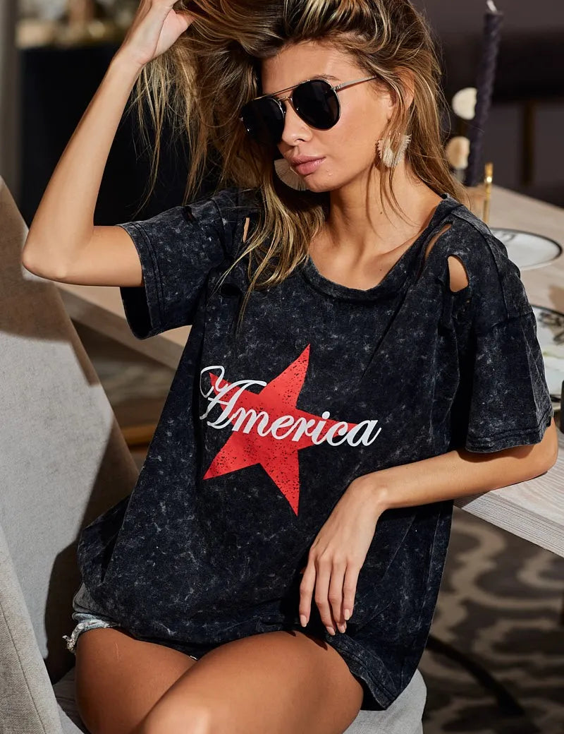 BLACK CHARCOAL BiBi Laser Cut Mineral Washed Jersey Top with America | Tops Daverri Fashions