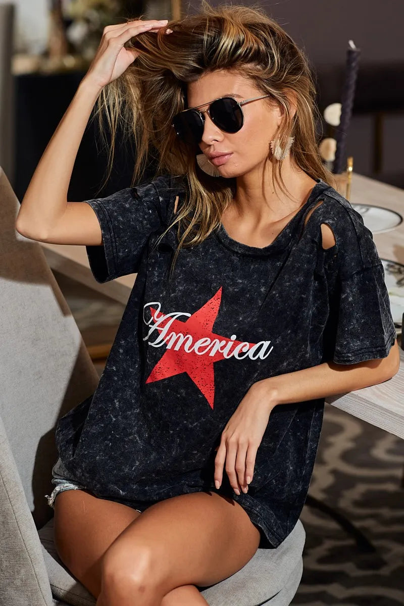 BiBi Laser Cut Mineral Washed Jersey Top with America BLACK CHARCOAL Tops