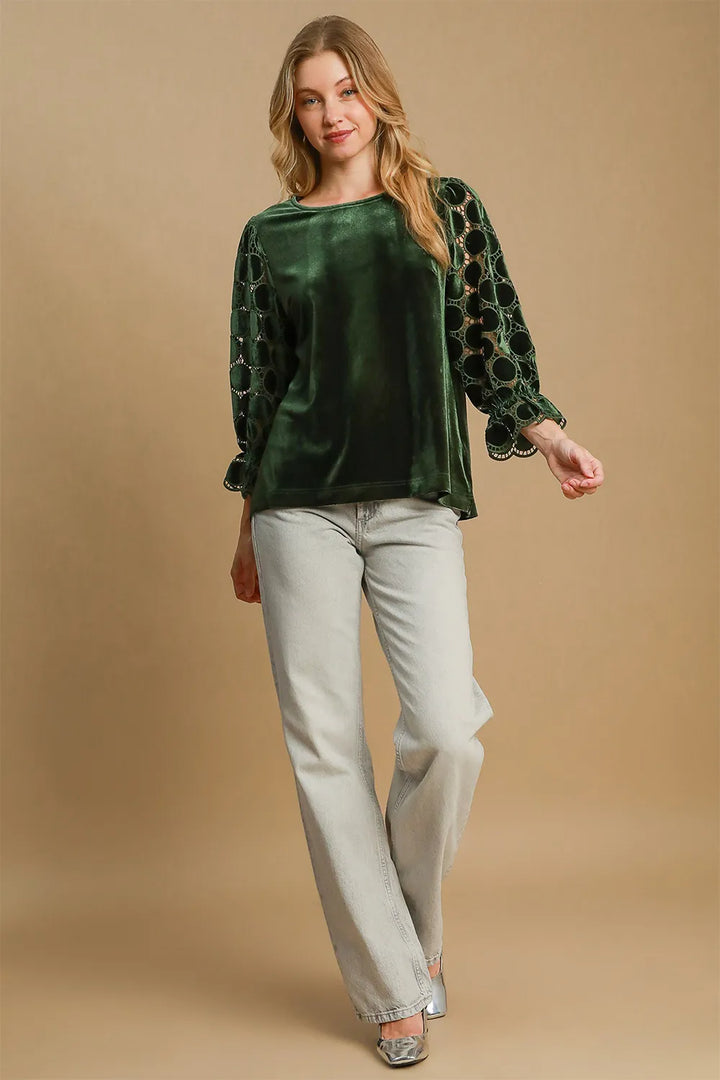 Umgee Polka Dot Lace Long Sleeve Round Neck Blouse | Blouses Daverri Fashions