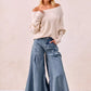 BiBi Waffle Knit Off Shoulder Top with wide-leg denim pants