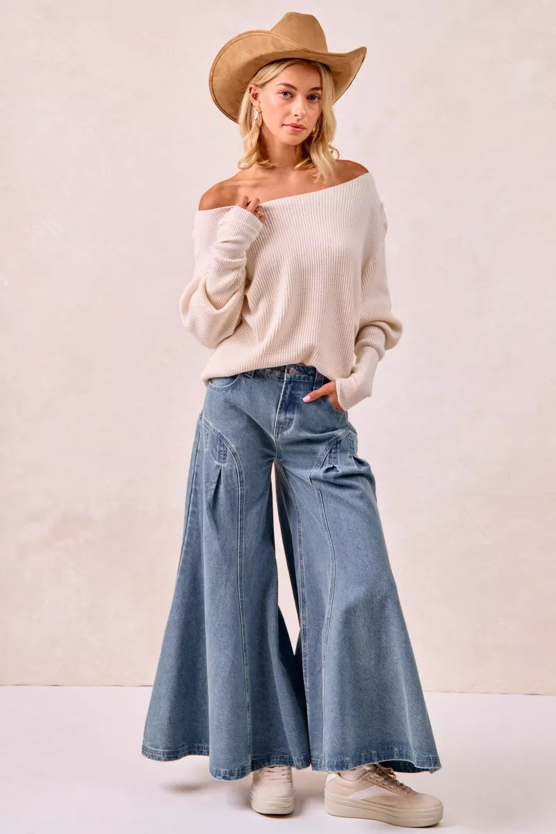 BiBi Waffle Knit Off Shoulder Top with wide-leg denim pants