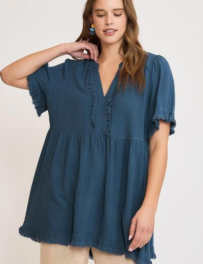 Umgee Full Size Raw Hem Notched Babydoll Linen Blouse Plus Size French Blue