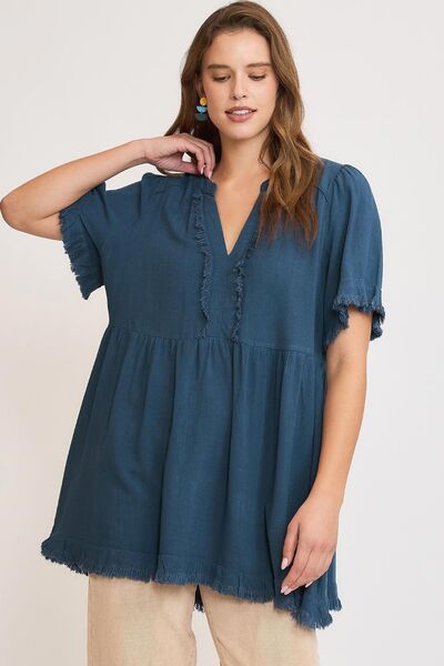 Umgee Full Size Raw Hem Notched Babydoll Linen Blouse Plus Size French Blue