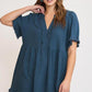 Umgee Full Size Raw Hem Notched Babydoll Linen Blouse Plus Size French Blue Blouses