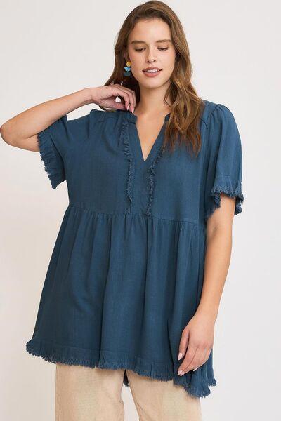 Umgee Full Size Raw Hem Notched Babydoll Linen Blouse Plus Size French Blue Blouses
