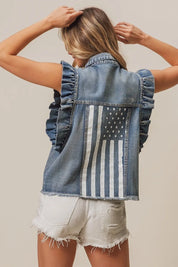 BiBi American Flag Washed Denim Jacket | Jackets Daverri Fashions