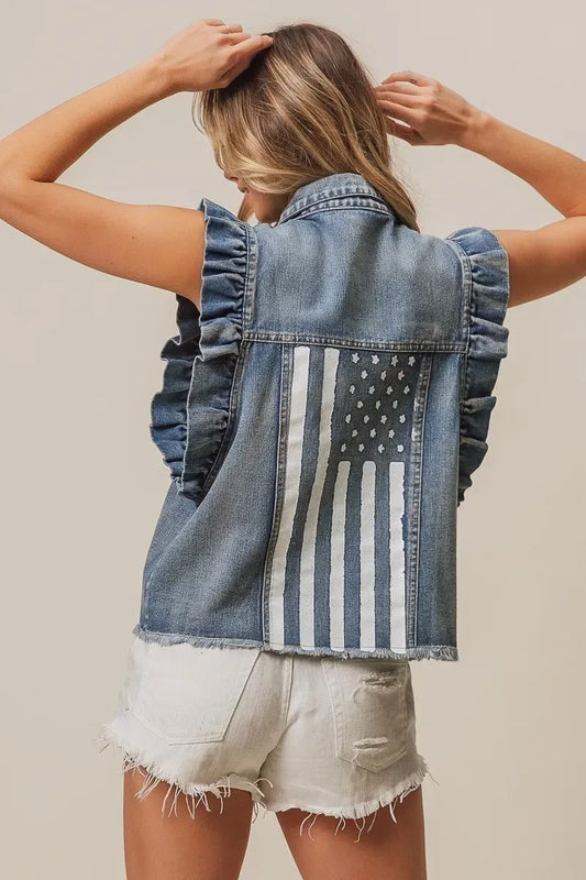 BiBi American Flag Washed Denim Jacket - DAVERRI FASHIONS