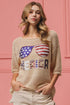 BiBi sequin American flag sunglasses knit cover up with beige sweater and Merica lettering