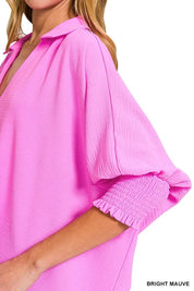 Zenana Airflow Collar Tee with Smocked Sleeve Band Top | Tops Daverri Fashions