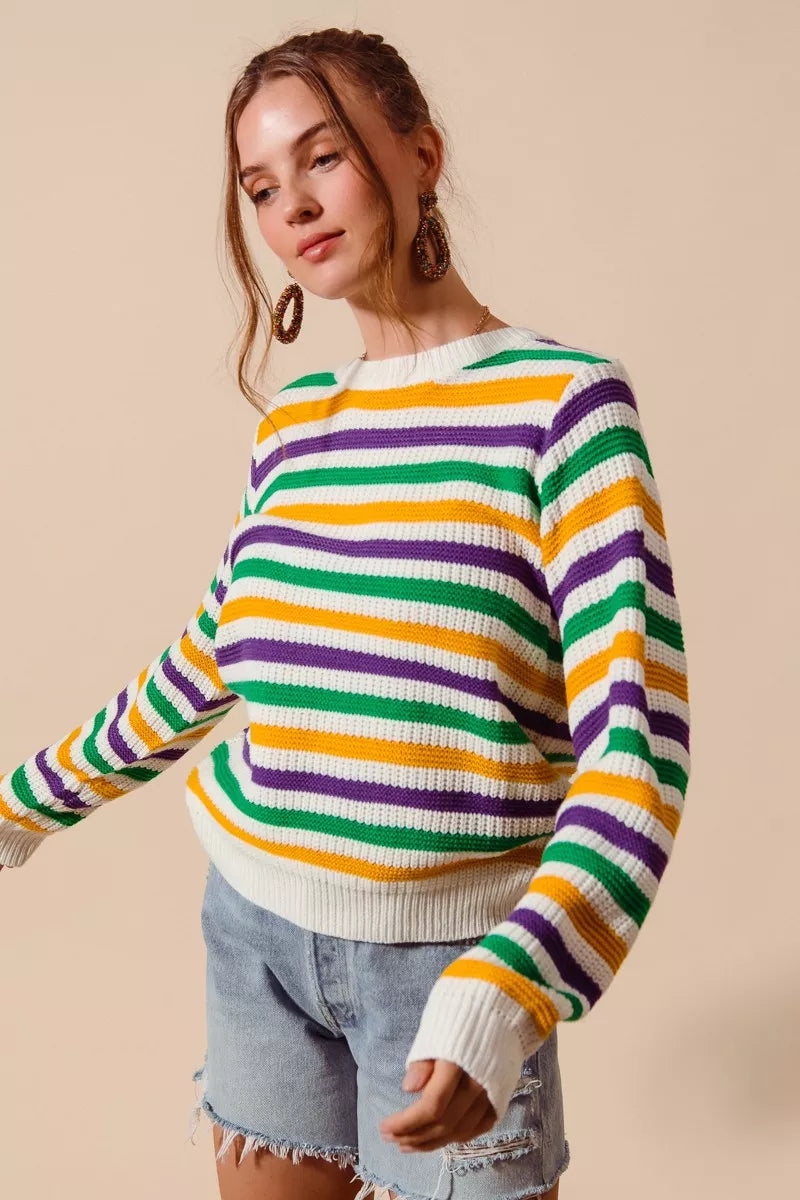 Vibrant SO ME Mardi Gras color stripe knit sweater top with bold horizontal stripes in purple, green, yellow, and white