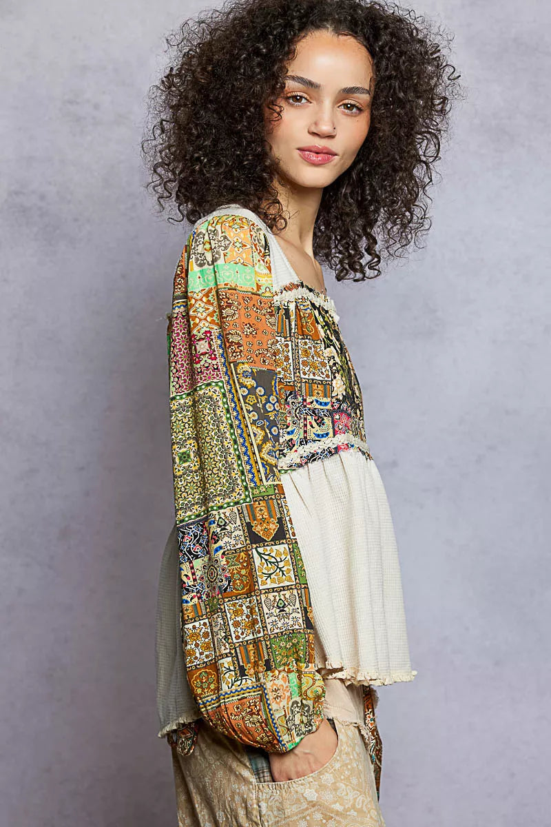 POL Balloon Sleeve Peplum Blouse with Trim Detail | Blouses Daverri Fashions