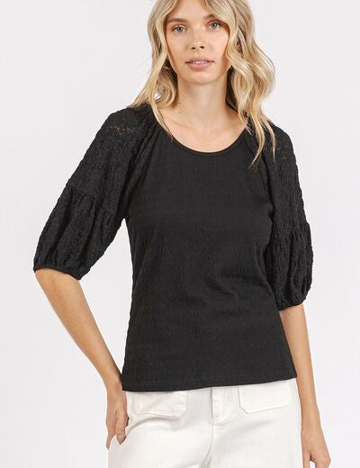 Mittoshop Mixed Media Textured Knit Popcorn Puff Sleeve Blouse