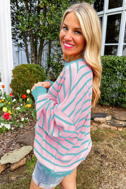 Orange Stripe Trimmed Round Neck Drop Shoulder Loose Sweater | Sweaters Daverri Fashions