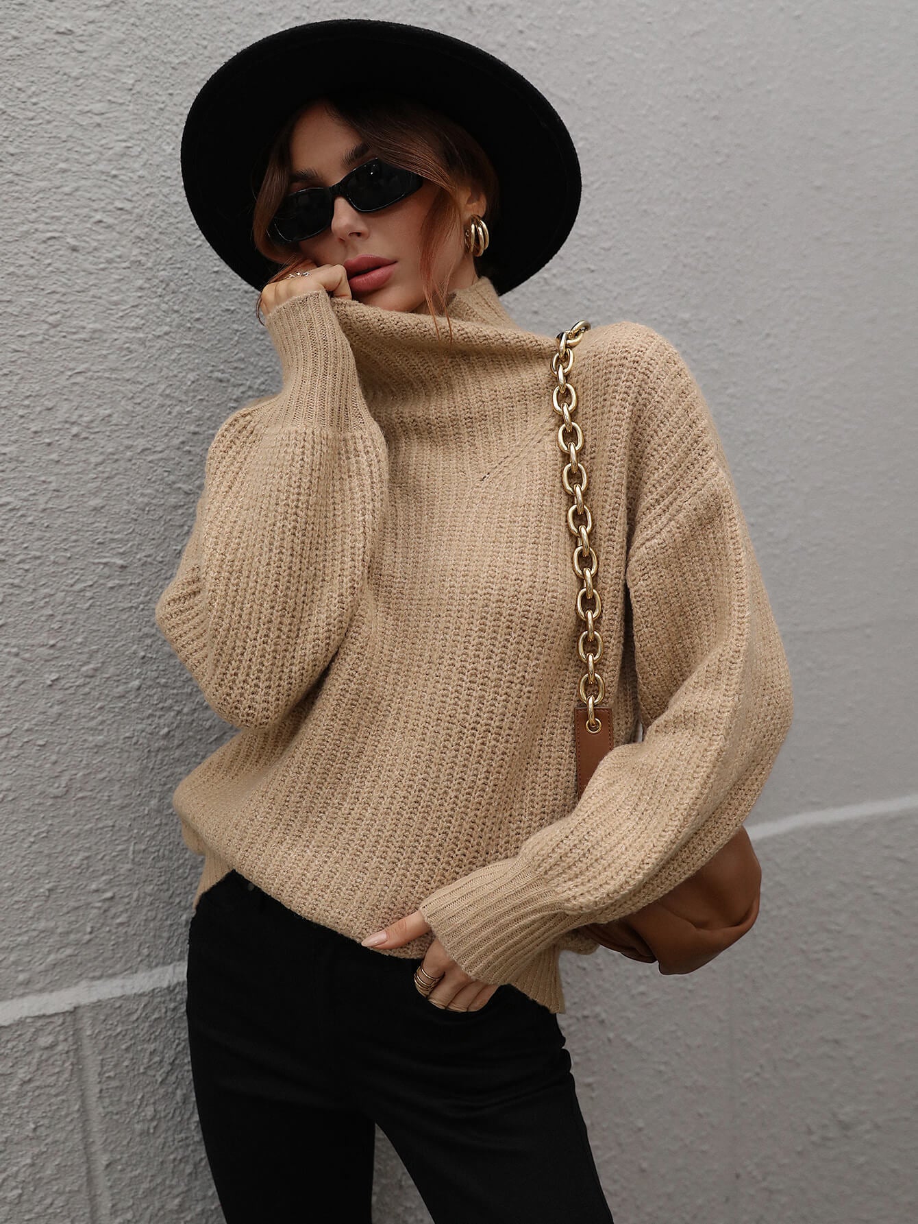 Daverri high neck balloon sleeve rib-knit pullover sweater in beige