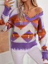 Daverri Fashions geometric frayed hem V-neck purple-orange sweater