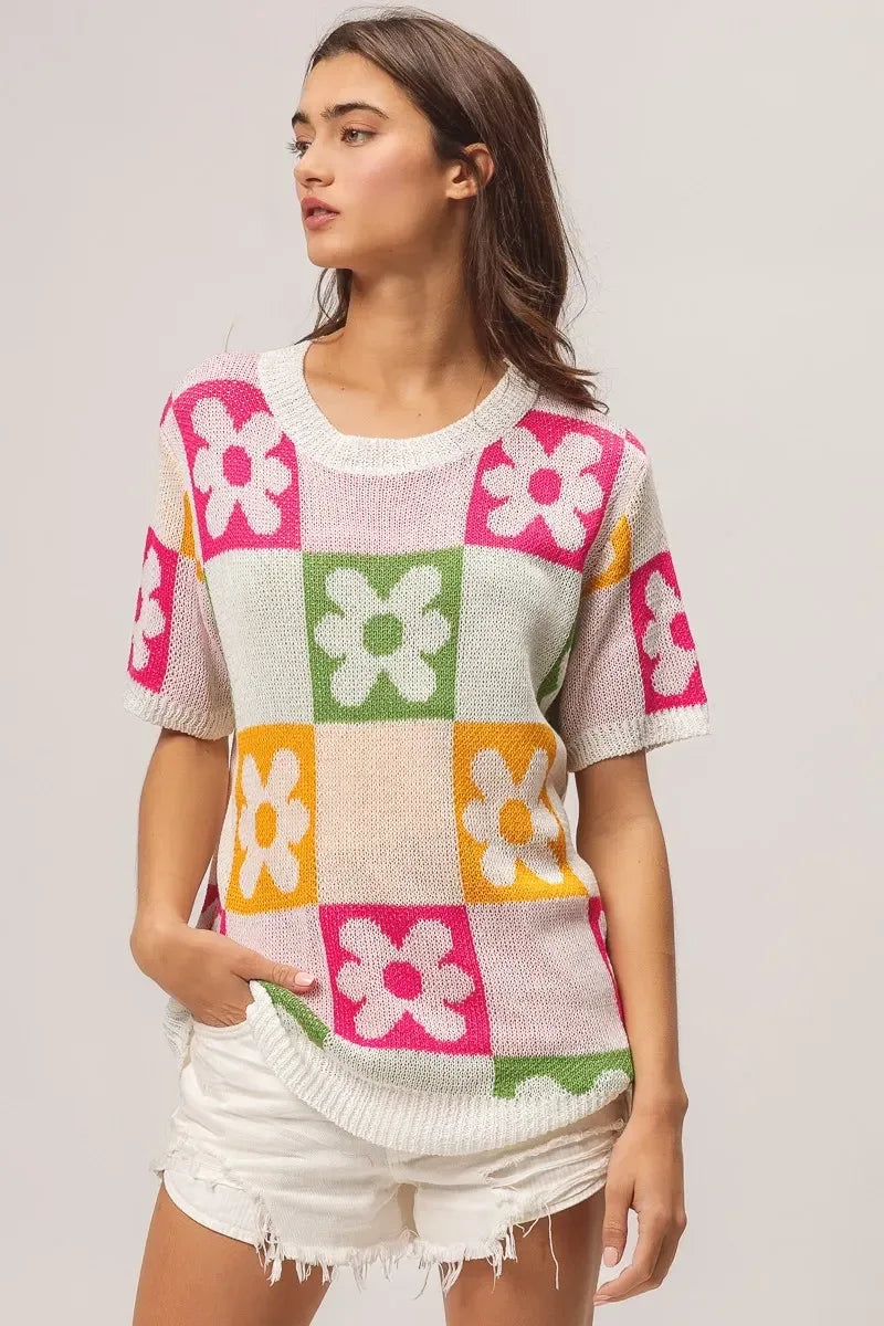 BiBi Flower Checker Pattern Lightweight Sweater Top - DAVERRI FASHIONS