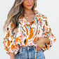 Vibrant yellow abstract print drawstring frilled V-neck 3/4 sleeve blouse