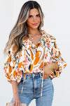 Vibrant yellow abstract print drawstring frilled V-neck 3/4 sleeve blouse