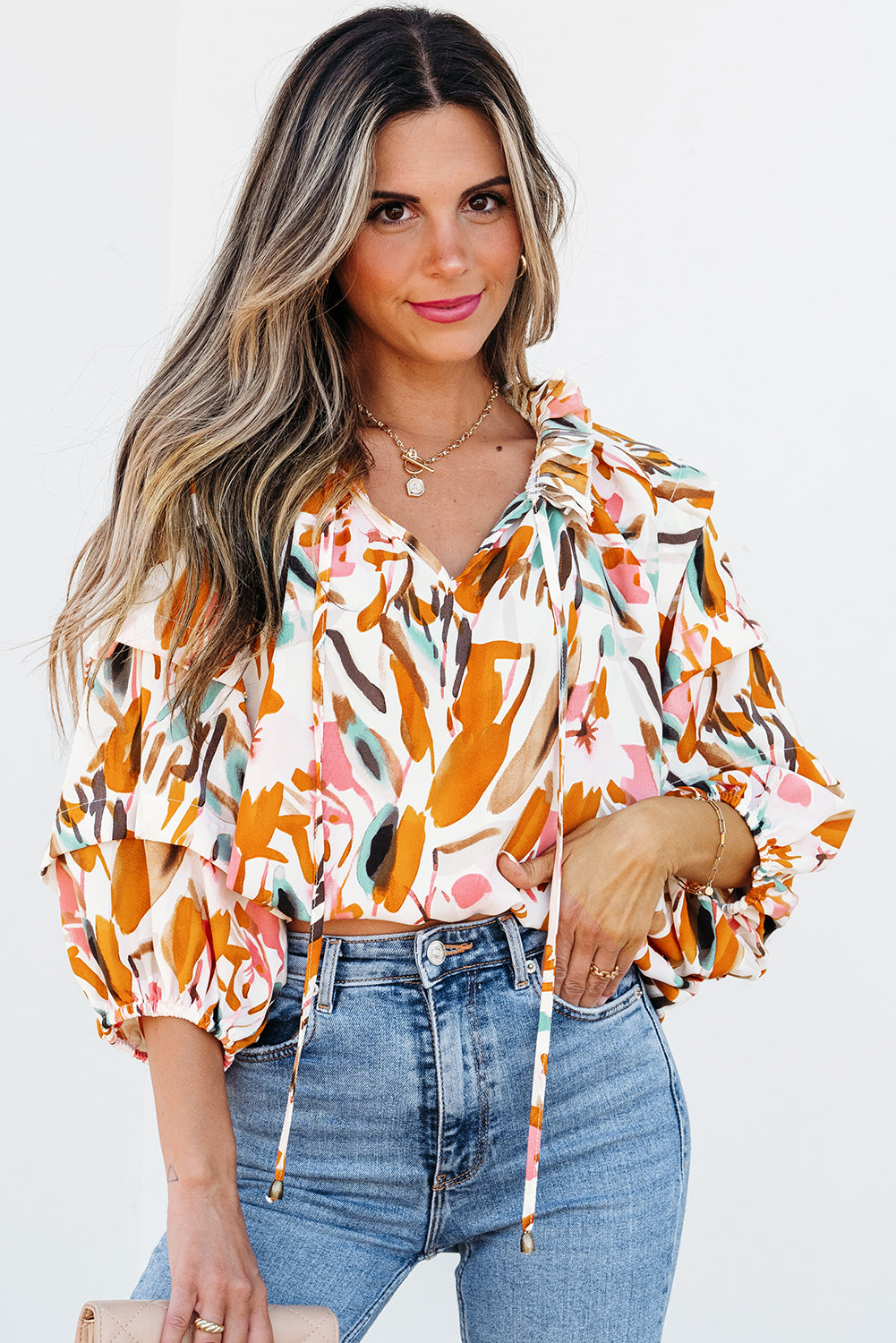 Vibrant yellow abstract print drawstring frilled V-neck 3/4 sleeve blouse