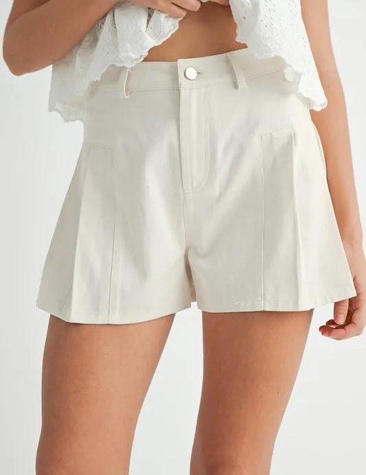 Ecru MABLE Pleated High Waist Twill Shorts | Daverri Fashions