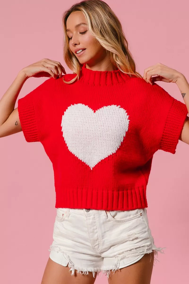 Red BiBi Rib Banded Heart Pattern Valentines Sweater with white heart design