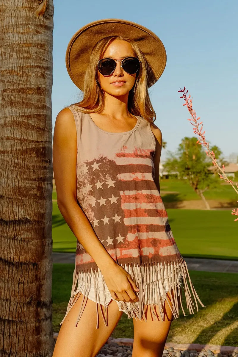 BiBi American Flag Print Knit Sleeveless Top Tank Tops
