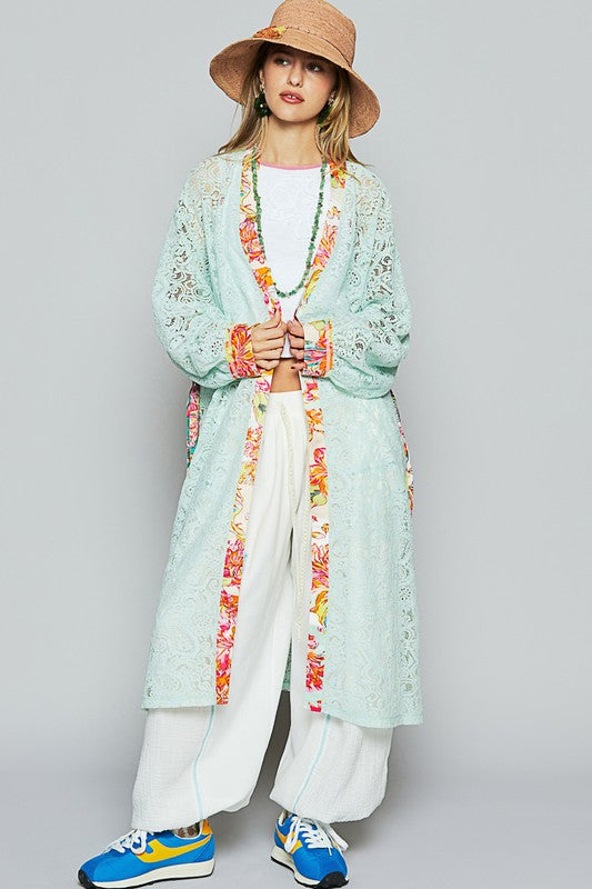 POL Floral Trim Lace Open Front Longline Cardigan PALE MINT Cardigans