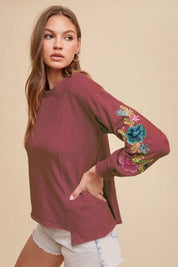 Annie Wear Embroidered Long Sleeve French Terry Top Burgundy S