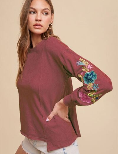 Annie Wear Embroidered Long Sleeve French Terry Top Burgundy S