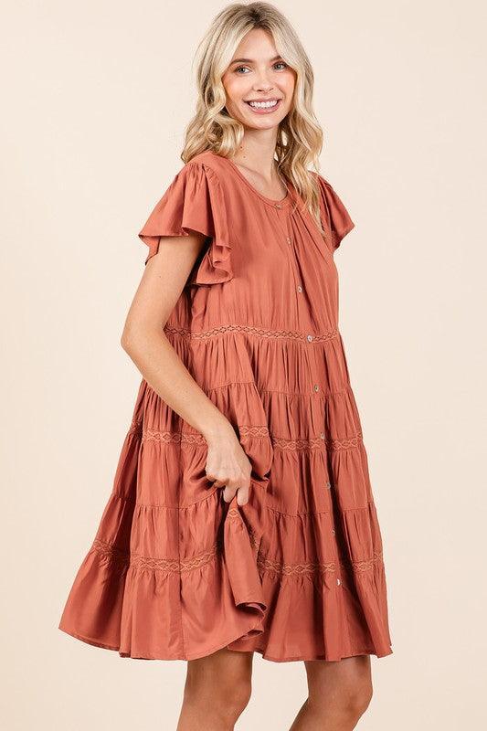 Mittoshop Lace Detail Ruffled Button Down Tiered Dress - DAVERRI FASHIONS