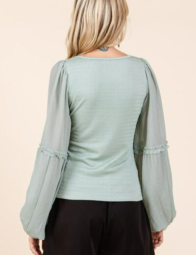 Mittoshop Mixed Media Textured Knit Chiffon Long Sleeve Top