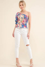 And The Why Allover Floral Print Smocked One Shoulder Blouse | Daverri Fashions