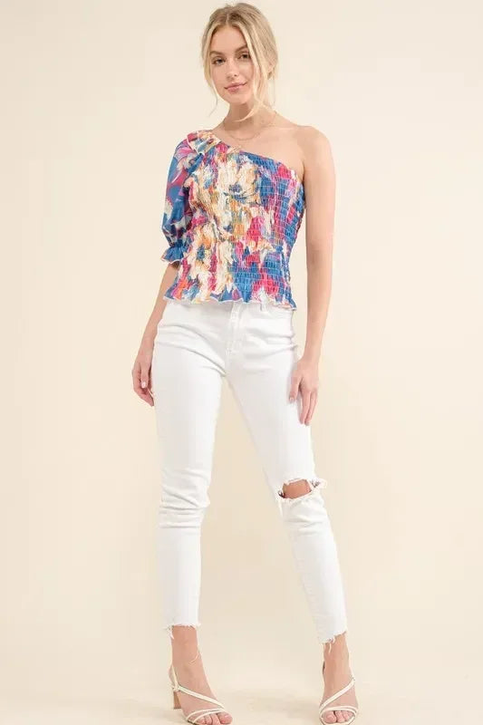And The Why Allover Floral Print Smocked One Shoulder Blouse - DAVERRI FASHIONS